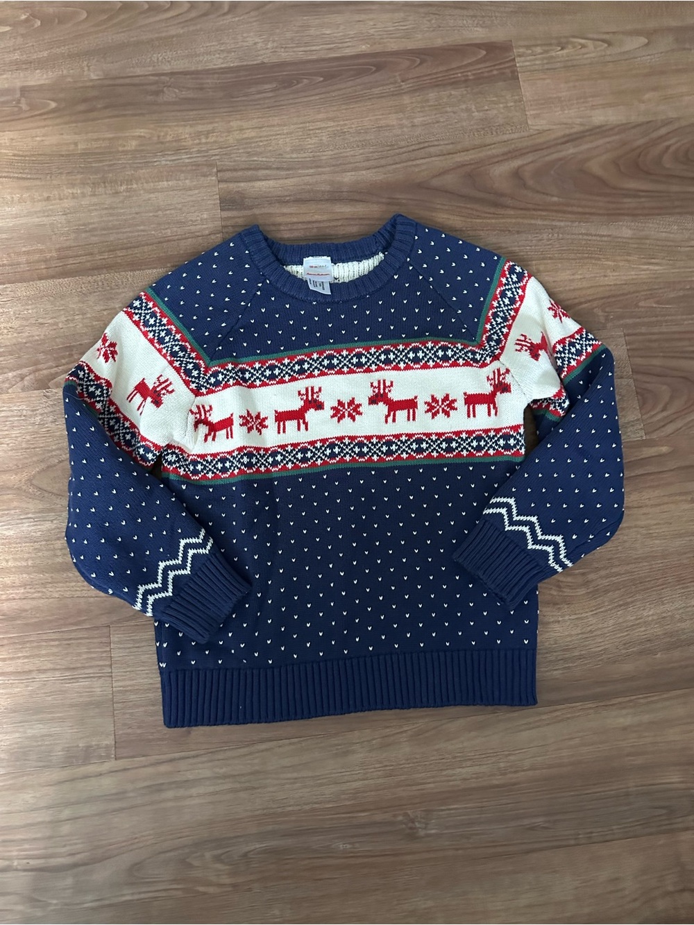 Hanna Andersson Navy Crewneck Sweater with Red & White Reindeer Fair Isle